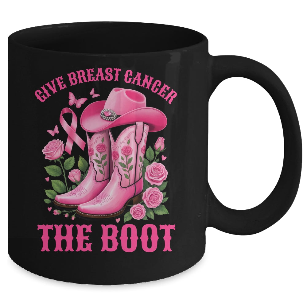 Give Breast Cancer The Boot Cowgirl Cancer Awareness Ribbon Mug | siriusteestore