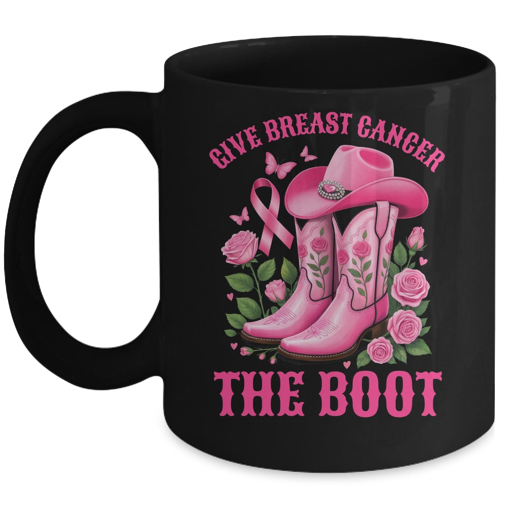 Give Breast Cancer The Boot Cowgirl Cancer Awareness Ribbon Mug | siriusteestore
