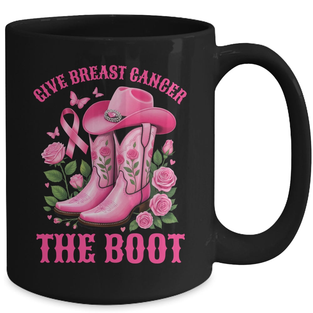 Give Breast Cancer The Boot Cowgirl Cancer Awareness Ribbon Mug | siriusteestore