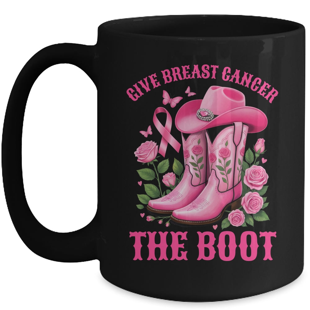 Give Breast Cancer The Boot Cowgirl Cancer Awareness Ribbon Mug | siriusteestore