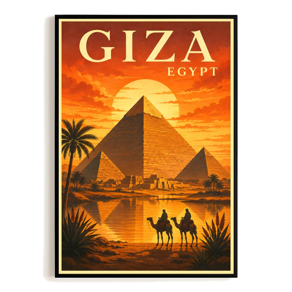 Giza Egypt Pyramids Sunset Travel Poster Vintage Camel Desert Sunset Landscape Wall Art Print Painting Picture For Home Living Room Office Kitchen Decor Unframed | siriusteestore