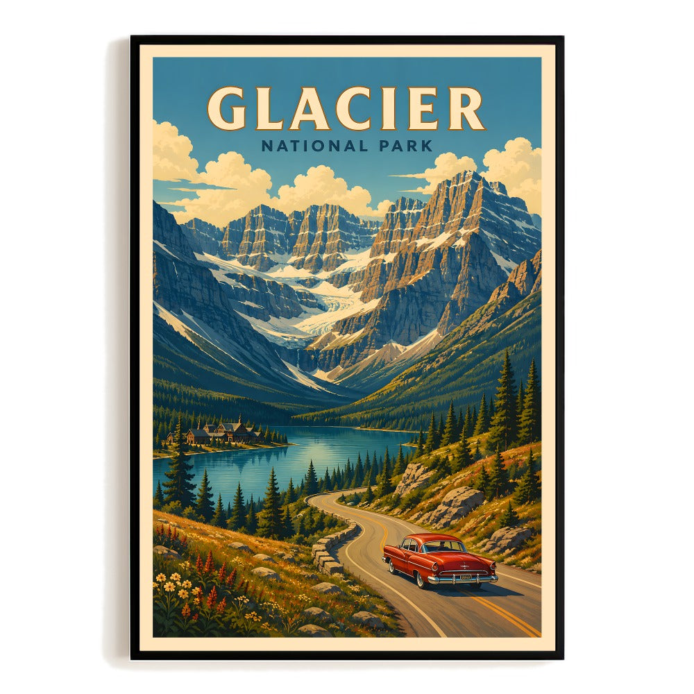 Glacier National Park Vintage Travel Poster Mountain Lake Landscape Wall Art Adventure Souvenir Decor For Home Office Living Room Cabin Lodge Unframed | siriusteestore