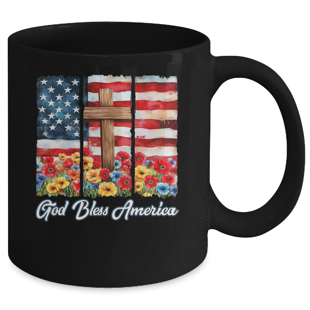God Bless America Flag Cross Flowers Patriotic 4th Of July Mug | siriusteestore