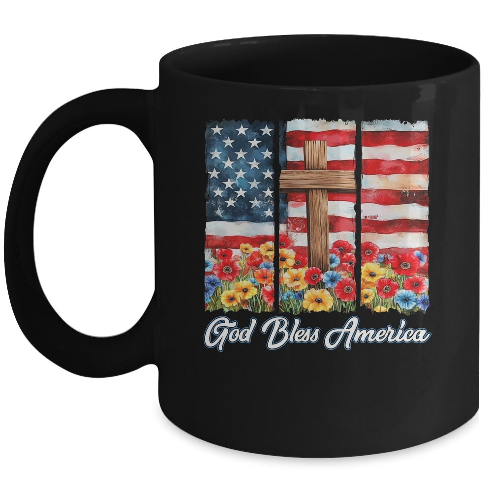 God Bless America Flag Cross Flowers Patriotic 4th Of July Mug | siriusteestore