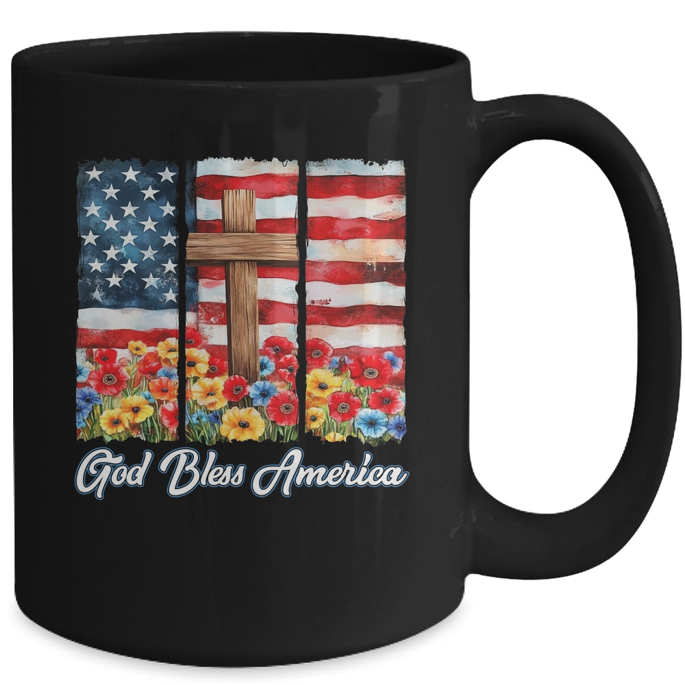 God Bless America Flag Cross Flowers Patriotic 4th Of July Mug | siriusteestore