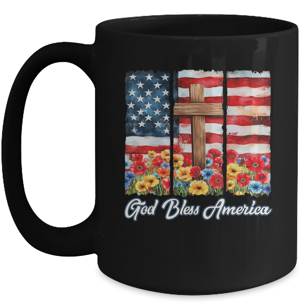 God Bless America Flag Cross Flowers Patriotic 4th Of July Mug | siriusteestore