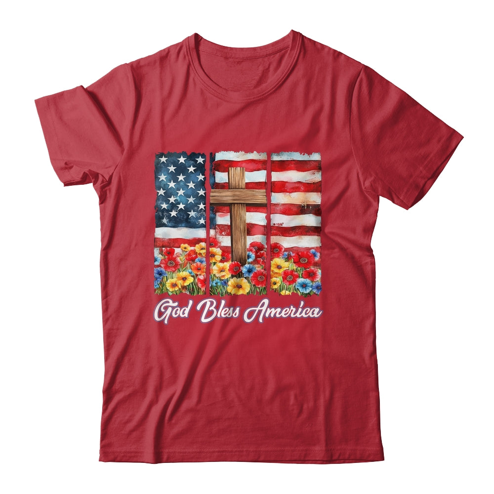 God Bless America Flag Cross Flowers Patriotic 4th Of July Shirt & Hoodie | siriusteestore