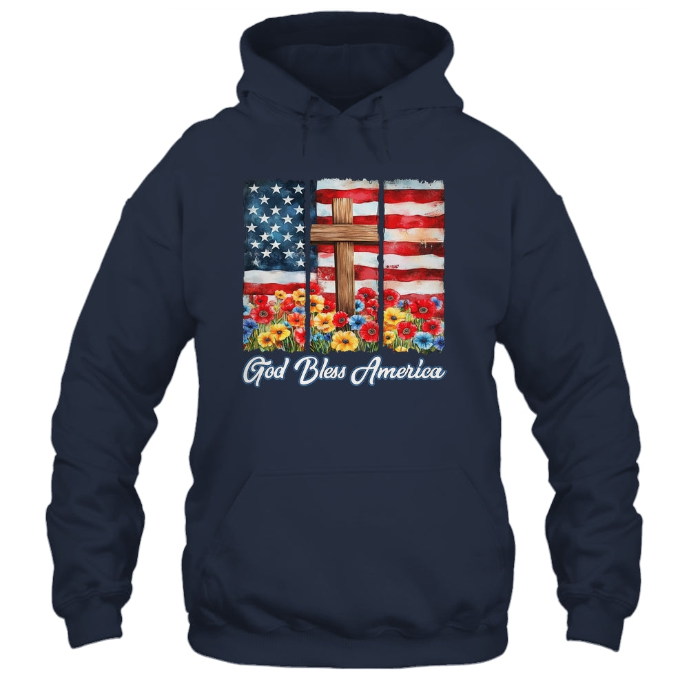 God Bless America Flag Cross Flowers Patriotic 4th Of July Shirt & Hoodie | siriusteestore