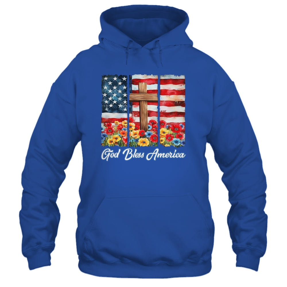 God Bless America Flag Cross Flowers Patriotic 4th Of July Shirt & Hoodie | siriusteestore