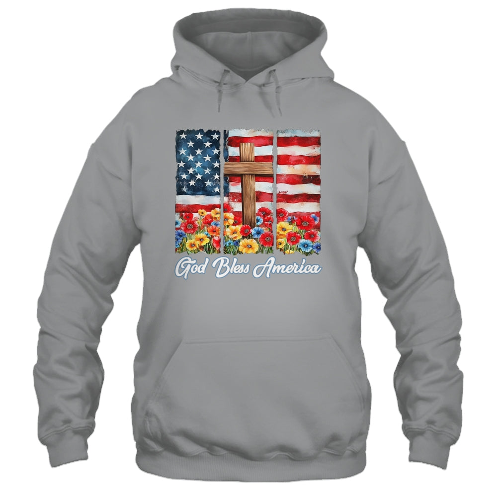 God Bless America Flag Cross Flowers Patriotic 4th Of July Shirt & Hoodie | siriusteestore