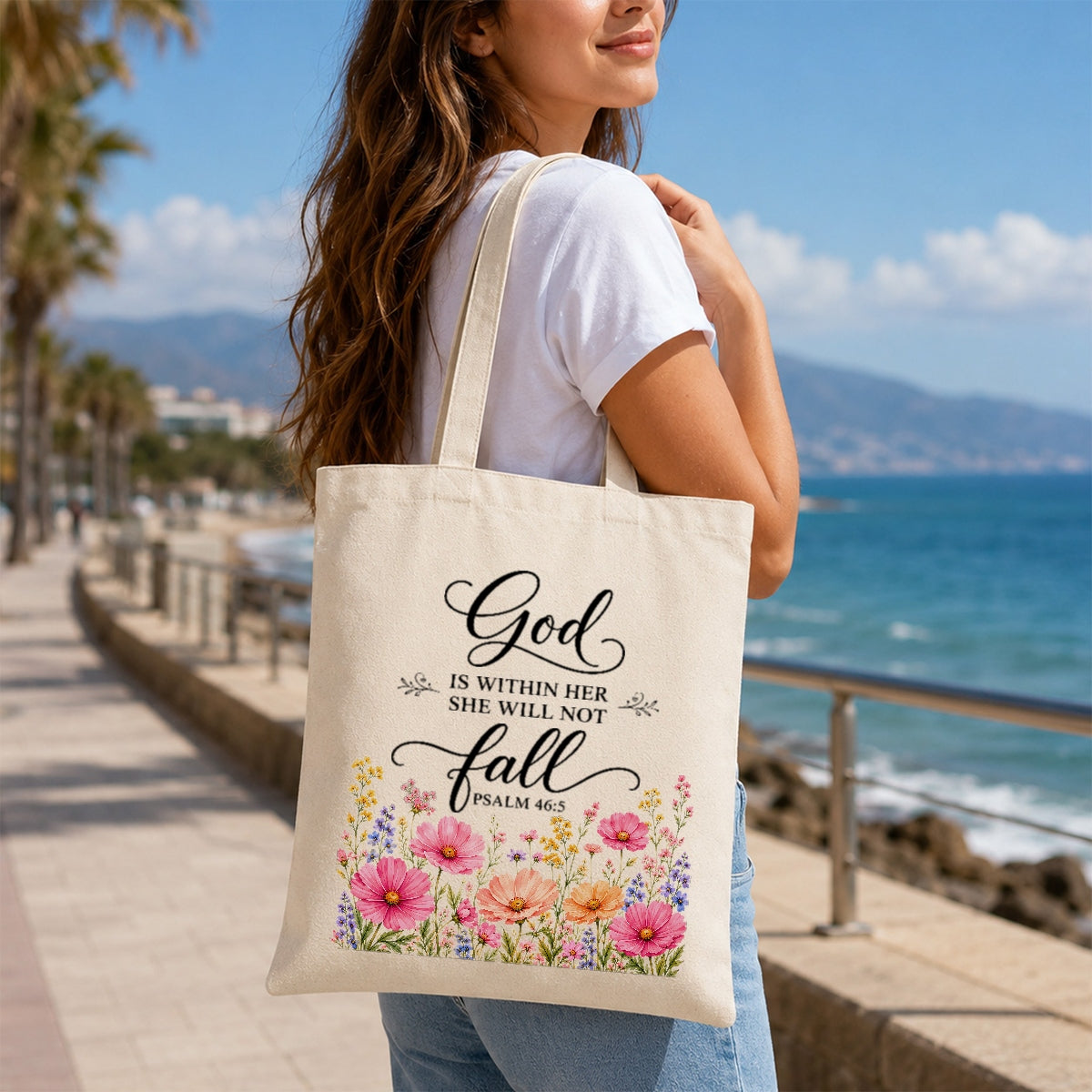 God Is Within Her She Will Not Fall Psalm 46 5 Floral Christian Tote Bag For Women Bible Verse Canvas Bag Faith Inspirational Church Gift Religious Aesthetic | siriusteestore