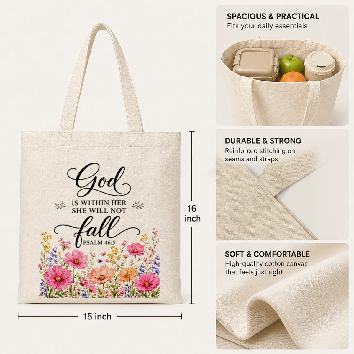 God Is Within Her She Will Not Fall Psalm 46 5 Floral Christian Tote Bag For Women Bible Verse Canvas Bag Faith Inspirational Church Gift Religious Aesthetic | siriusteestore