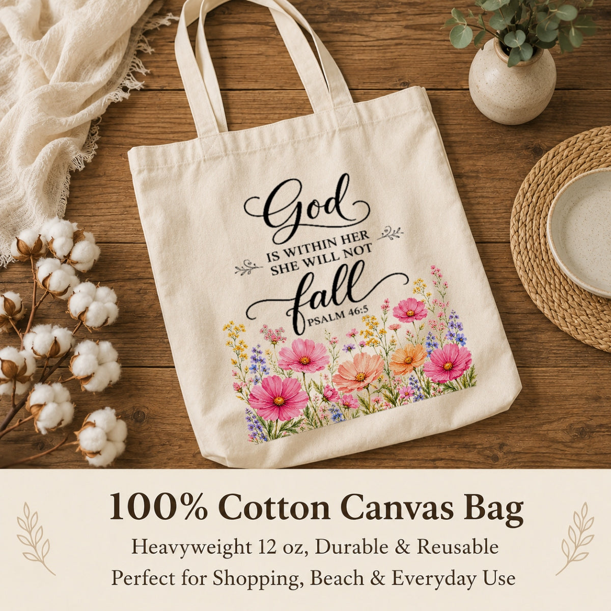 God Is Within Her She Will Not Fall Psalm 46 5 Floral Christian Tote Bag For Women Bible Verse Canvas Bag Faith Inspirational Church Gift Religious Aesthetic | siriusteestore