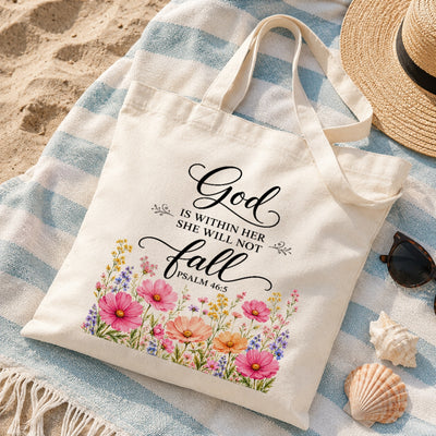 God Is Within Her She Will Not Fall Psalm 46 5 Floral Christian Tote Bag For Women Bible Verse Canvas Bag Faith Inspirational Church Gift Religious Aesthetic | siriusteestore