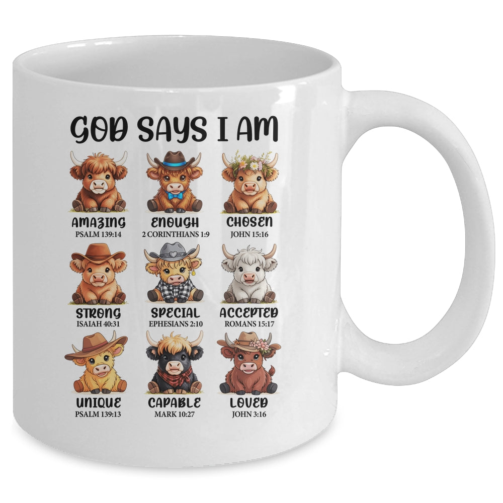 God Says I Am Highland Cow Christian Religious Scottish Cow Mug | siriusteestore