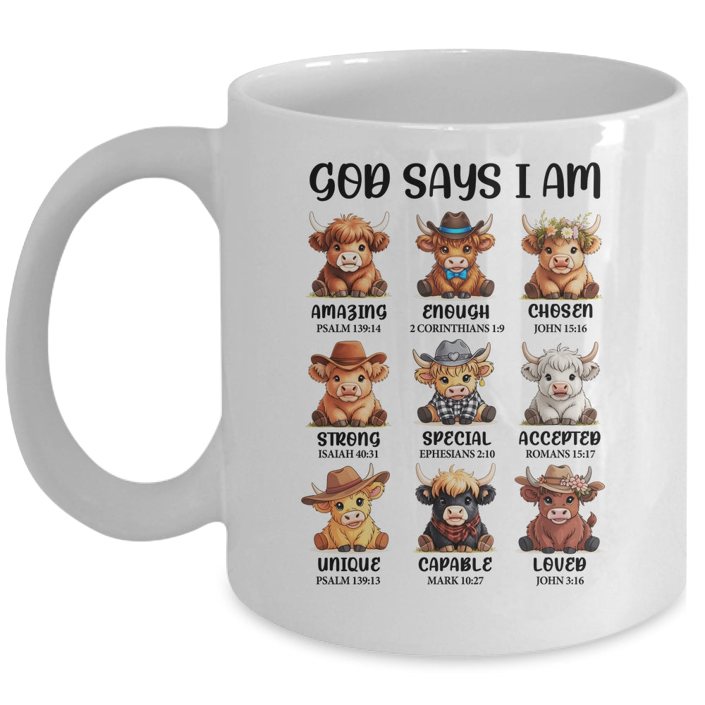 God Says I Am Highland Cow Christian Religious Scottish Cow Mug | siriusteestore