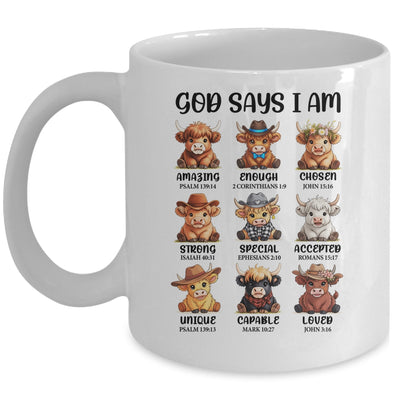 God Says I Am Highland Cow Christian Religious Scottish Cow Mug | siriusteestore