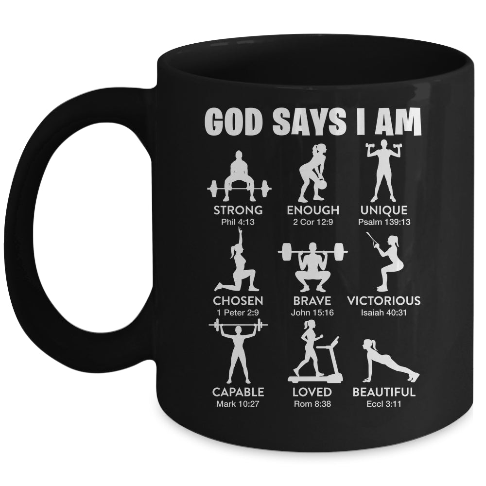 God Says I Am Weightlifting Christian Workout Gym Women Mug | siriusteestore