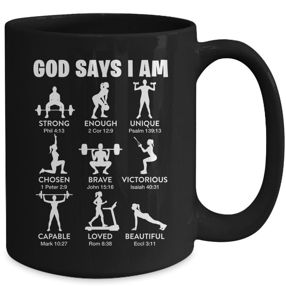 God Says I Am Weightlifting Christian Workout Gym Women Mug | siriusteestore