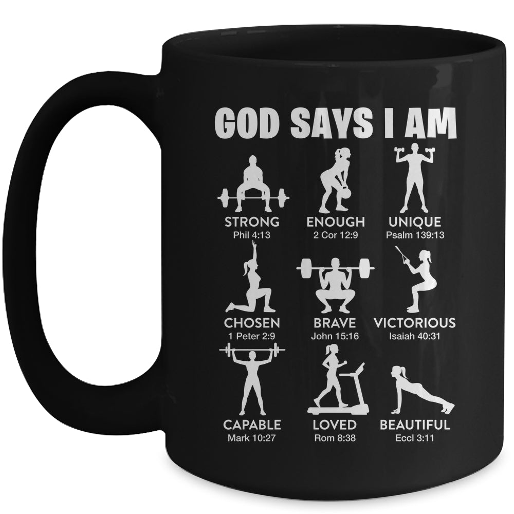 God Says I Am Weightlifting Christian Workout Gym Women Mug | siriusteestore