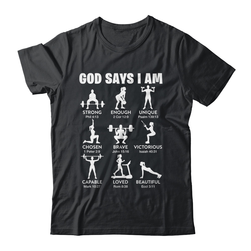 God Says I Am Weightlifting Christian Workout Gym Women Shirt & Tank Top | siriusteestore