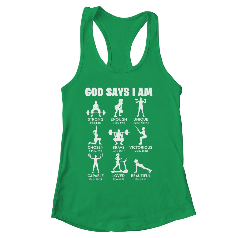 God Says I Am Weightlifting Christian Workout Gym Women Shirt & Tank Top | siriusteestore