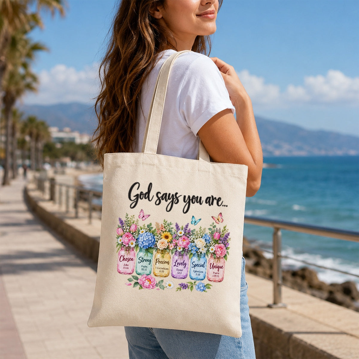 God Says You Are Unique Special Chosen Bible Verse Christian Canvas Tote Bag Floral Faith Gift For Women Church Friends Religious Library Book Shoulder Bag For Friends | siriusteestore
