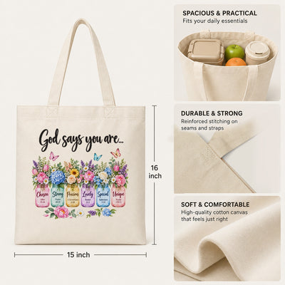 God Says You Are Unique Special Chosen Bible Verse Christian Canvas Tote Bag Floral Faith Gift For Women Church Friends Religious Library Book Shoulder Bag For Friends | siriusteestore