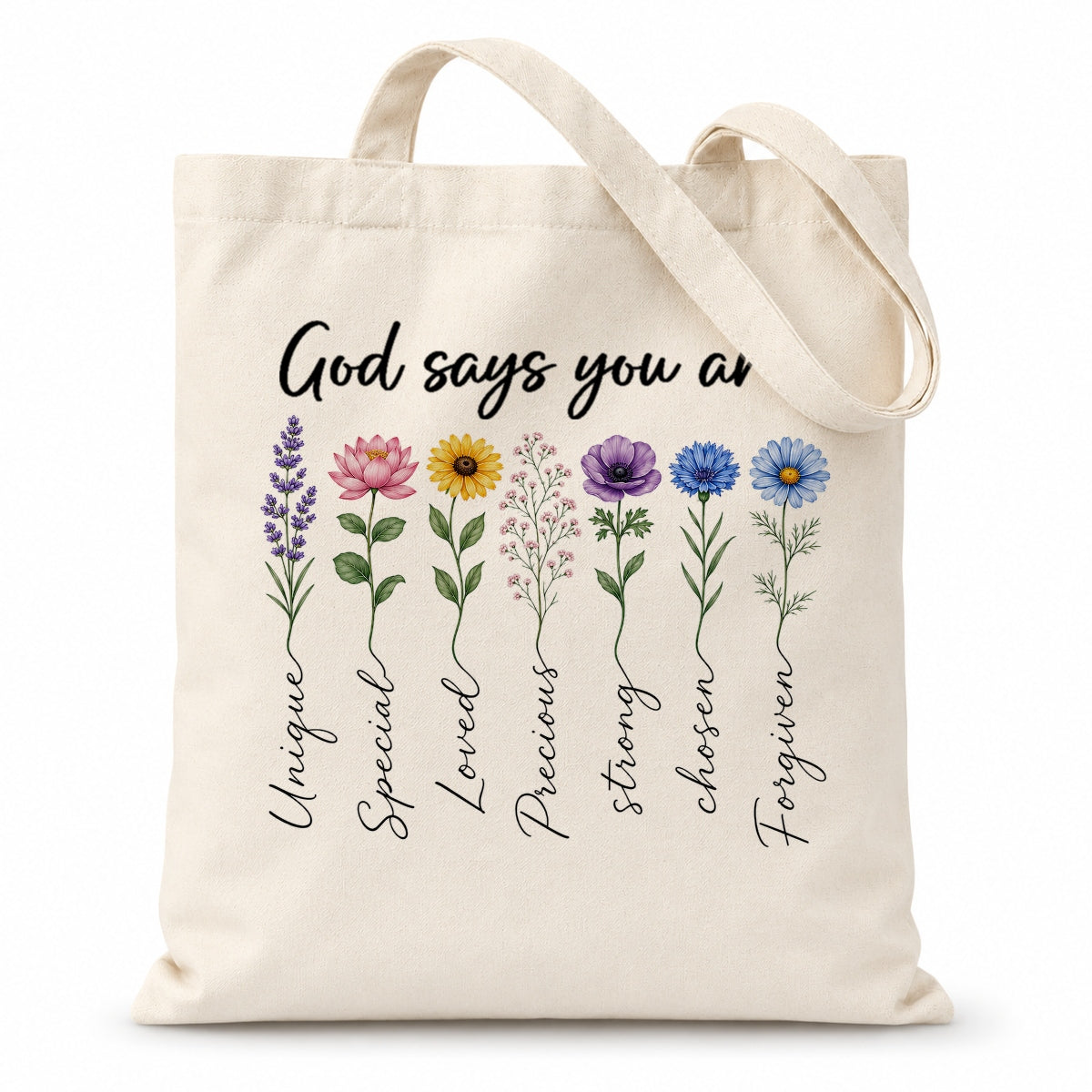 God Says You Are Unique Special Lovely Precious Strong Book Tote Bag Floral Christian Faith Inspirational Gift For Women Bible Verse Religious Canvas Tote Bag | siriusteestore