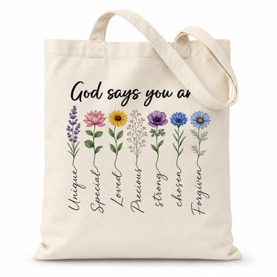 God Says You Are Unique Special Lovely Precious Strong Book Tote Bag Floral Christian Faith Inspirational Gift For Women Bible Verse Religious Canvas Tote Bag | siriusteestore