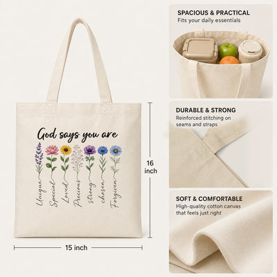 God Says You Are Unique Special Lovely Precious Strong Book Tote Bag Floral Christian Faith Inspirational Gift For Women Bible Verse Religious Canvas Tote Bag | siriusteestore
