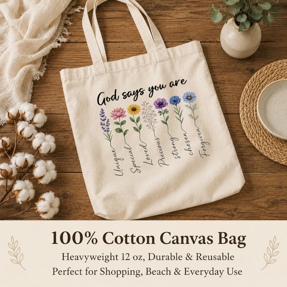 God Says You Are Unique Special Lovely Precious Strong Book Tote Bag Floral Christian Faith Inspirational Gift For Women Bible Verse Religious Canvas Tote Bag | siriusteestore
