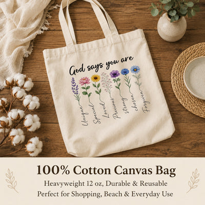 God Says You Are Unique Special Lovely Precious Strong Book Tote Bag Floral Christian Faith Inspirational Gift For Women Bible Verse Religious Canvas Tote Bag | siriusteestore