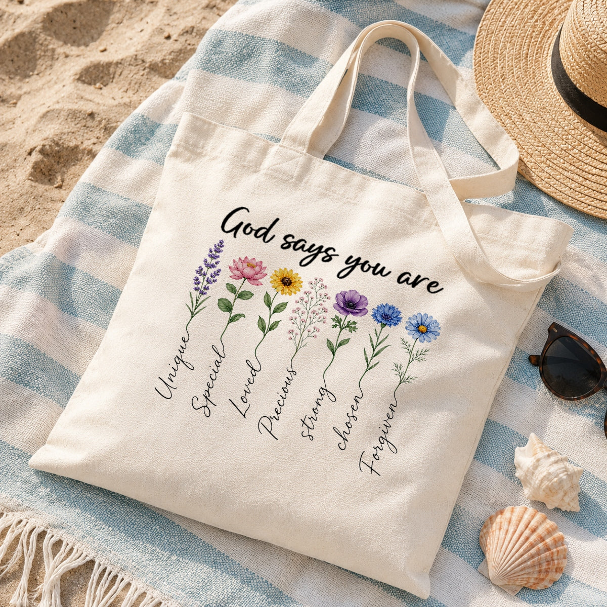 God Says You Are Unique Special Lovely Precious Strong Book Tote Bag Floral Christian Faith Inspirational Gift For Women Bible Verse Religious Canvas Tote Bag | siriusteestore