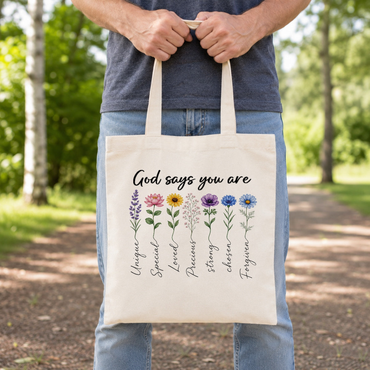 God Says You Are Unique Special Lovely Precious Strong Book Tote Bag Floral Christian Faith Inspirational Gift For Women Bible Verse Religious Canvas Tote Bag | siriusteestore