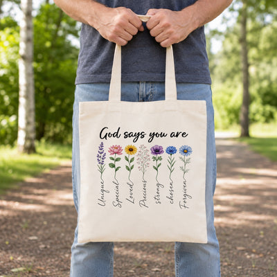 God Says You Are Unique Special Lovely Precious Strong Book Tote Bag Floral Christian Faith Inspirational Gift For Women Bible Verse Religious Canvas Tote Bag | siriusteestore