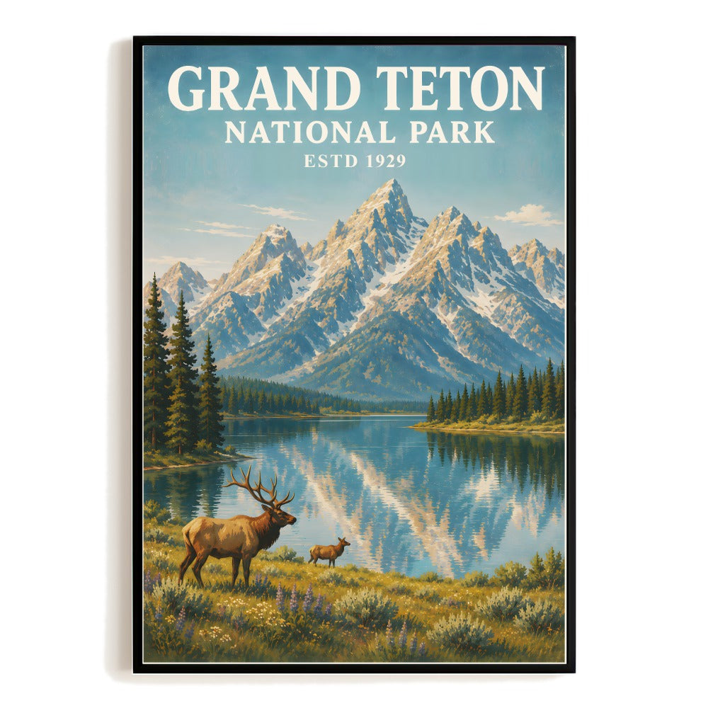 Grand Teton National Park Travel Poster Elk Mountain Landscape Vintage Wall Art Painting Decor For Home Living Room Office Bedroom Kitchen Gifts Souvenir Unframed | siriusteestore