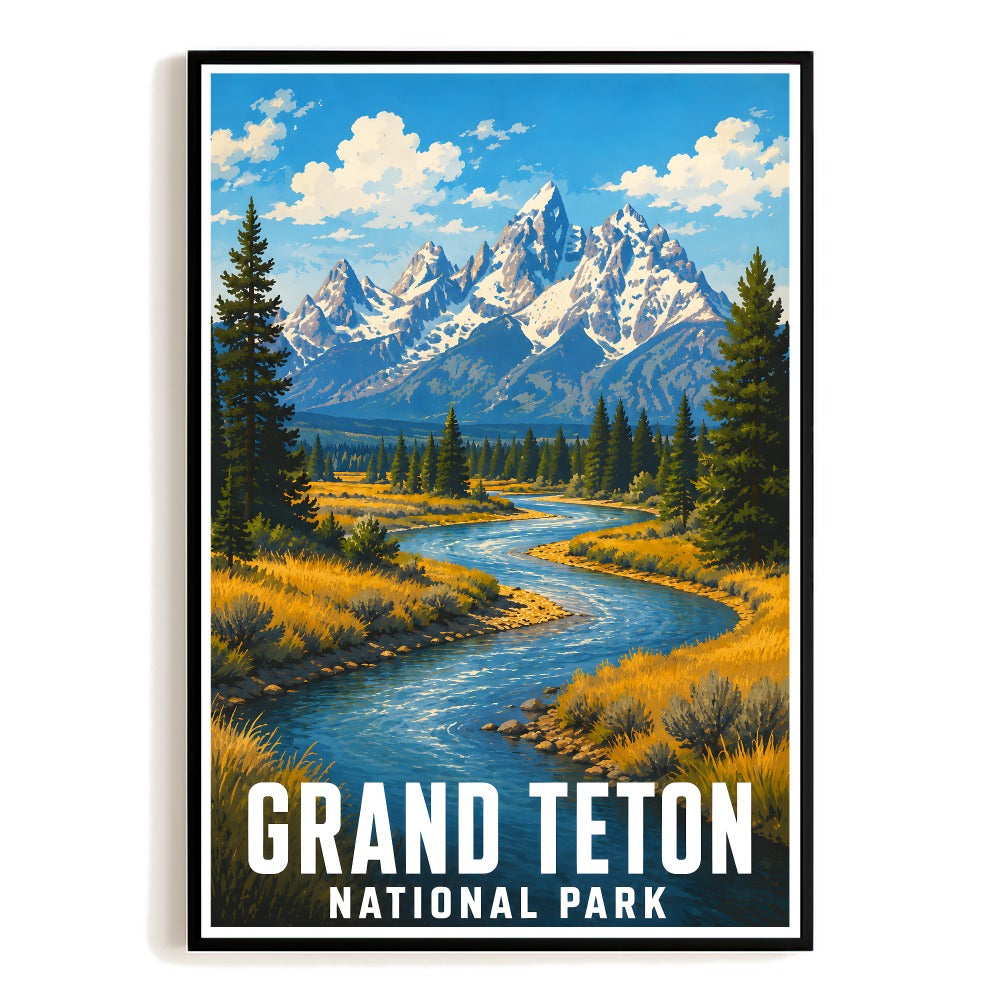 Grand Teton National Park Travel Poster Wyoming Mountain Landscape Wall Art Nature Print Vintage Style Painting For Home Living Room Office Bedroom Decor Unframed | siriusteestore