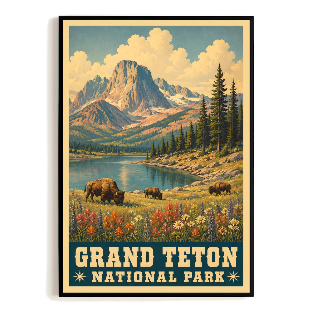 Grand Teton National Park Vintage Travel Poster Wall Art Mountain Lake Landscape Painting Retro Nature Travel Print Rustic Cabin Decor Unframed | siriusteestore