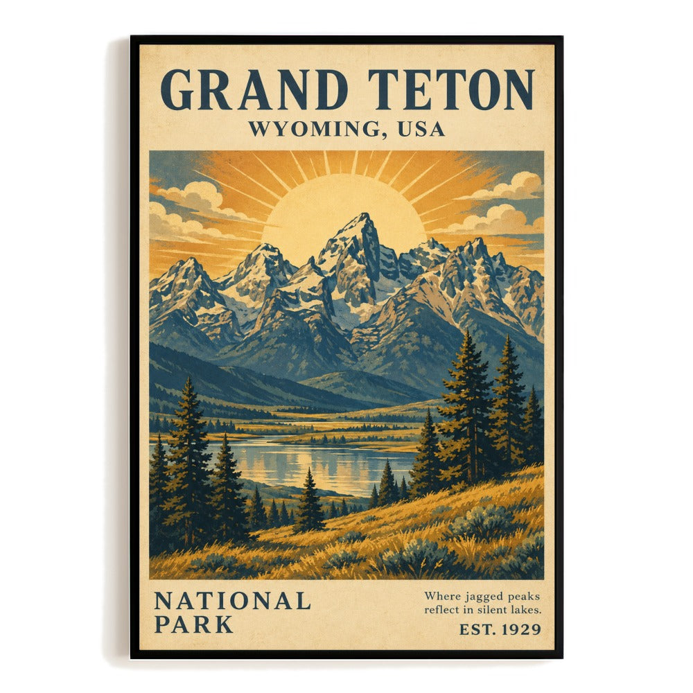 Grand Teton National Park Wyoming Travel Gifts Poster Vintage Mountain Landscape Wall Art Decor For Nature Lovers Home Living Room Office Souvenir Print Unframed | siriusteestore