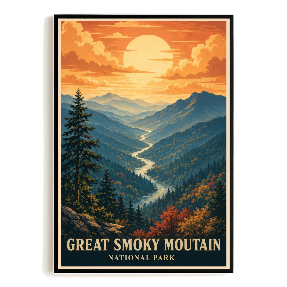 Great Smoky Mountains National Park Gift Travel Poster Vintage Art Print Autumn Mountain Forest River Scene Souvenir Home Living Room Office Bedroom Decor Unframed | siriusteestore
