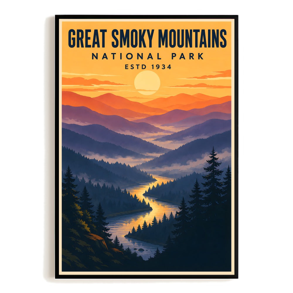 Great Smoky Mountains National Park Travel Poster Vintage Sunset Landscape Wall Art Decor For Nature Lovers Home Living Room Office Bedroom Souvenir Print Unframed | siriusteestore