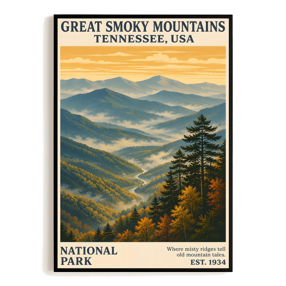 Great Smoky Mountains Tennessee Travel Poster Vintage National Park Wall Art Landscape Print Souvenir Gift For Home Living Room Office Bedroom Decor Unframed | siriusteestore