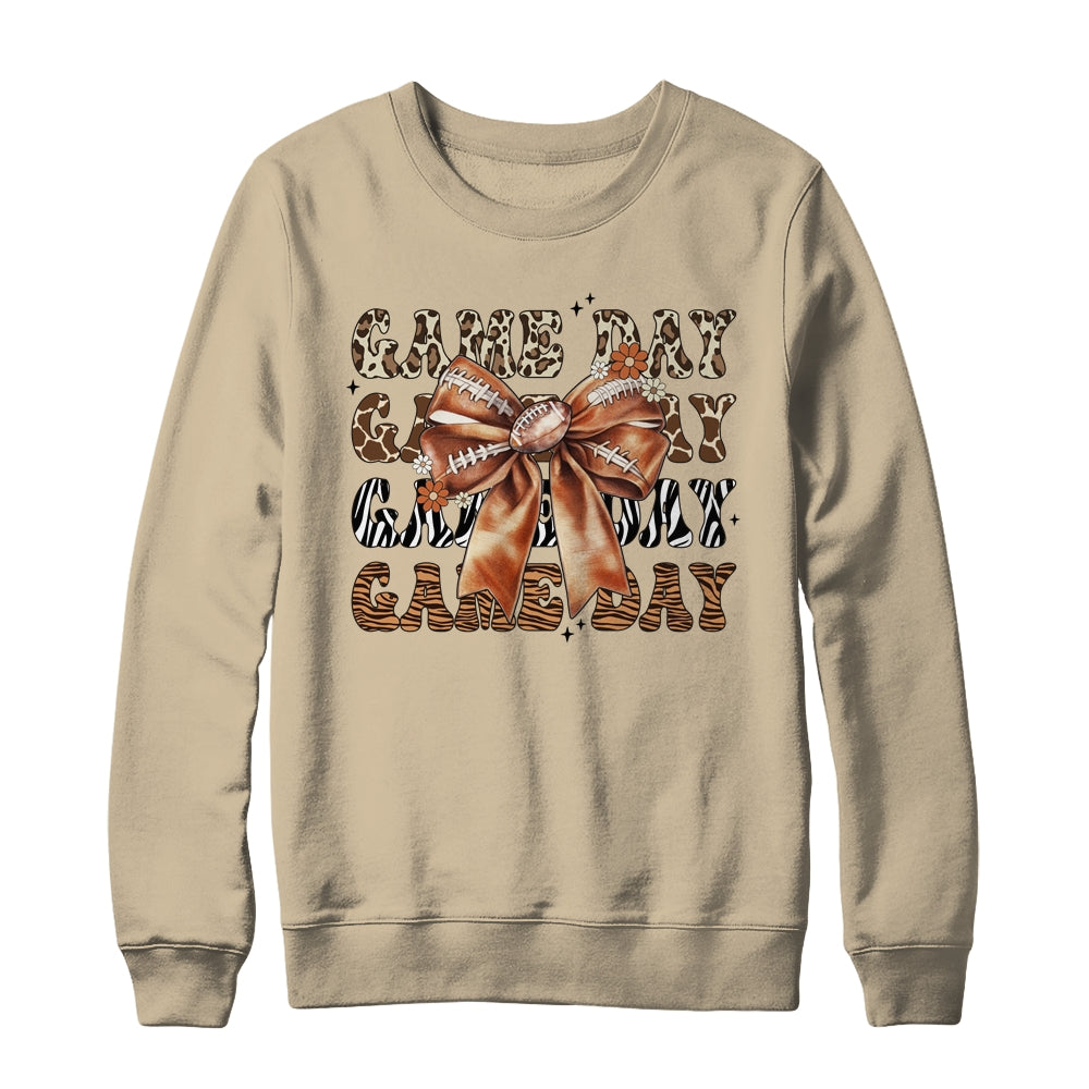 Groovy Game Day Cow Leopard Football Lovers Coquette Bow Shirt & Sweatshirt | siriusteestore
