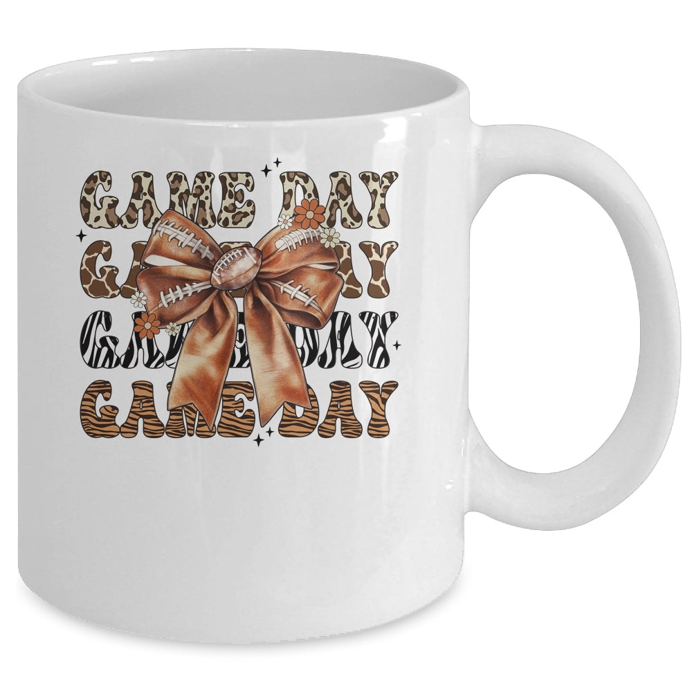 Groovy Game Day Cow Leopard Football Lovers Coquette Bow Mug | siriusteestore