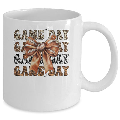 Groovy Game Day Cow Leopard Football Lovers Coquette Bow Mug | siriusteestore