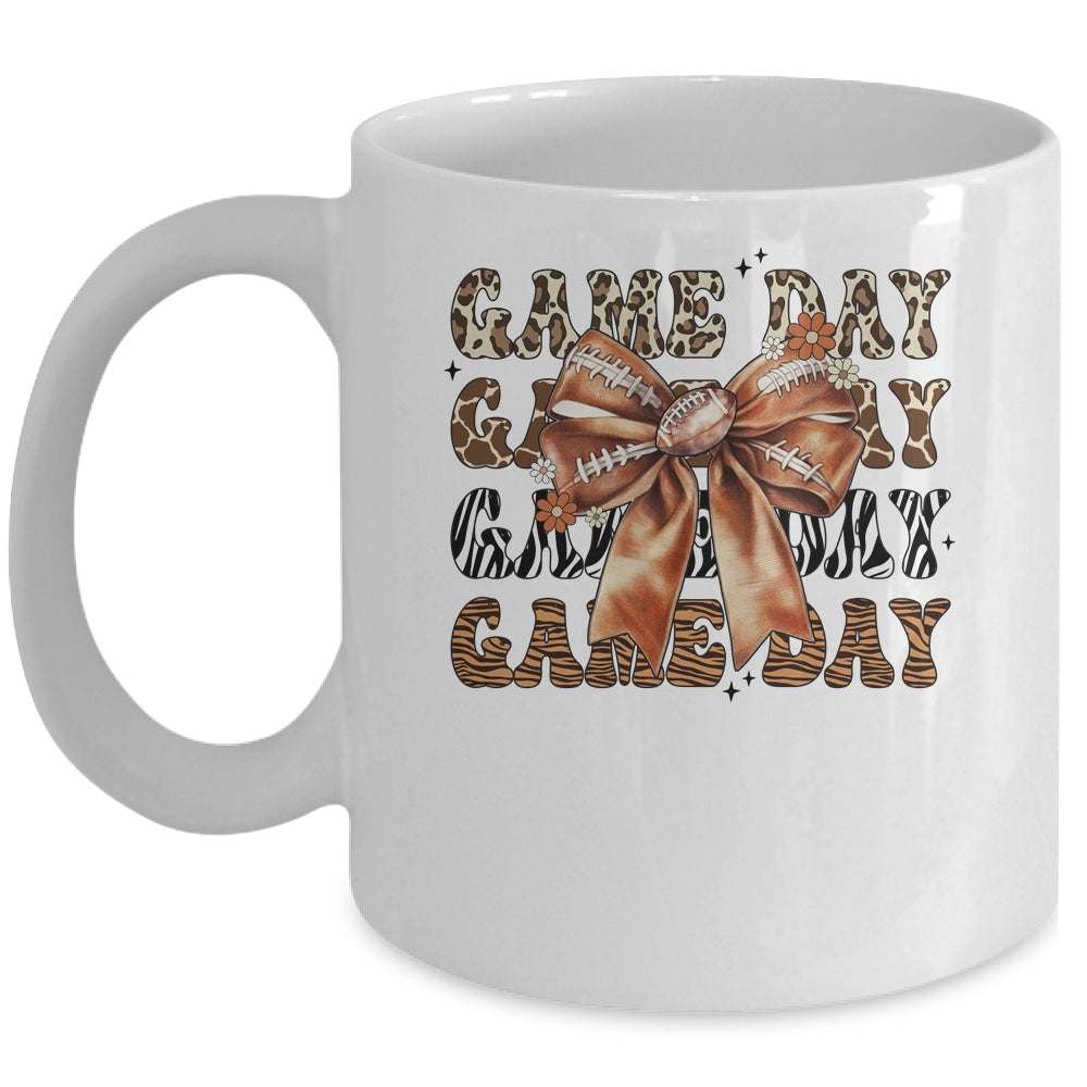 Groovy Game Day Cow Leopard Football Lovers Coquette Bow Mug | siriusteestore