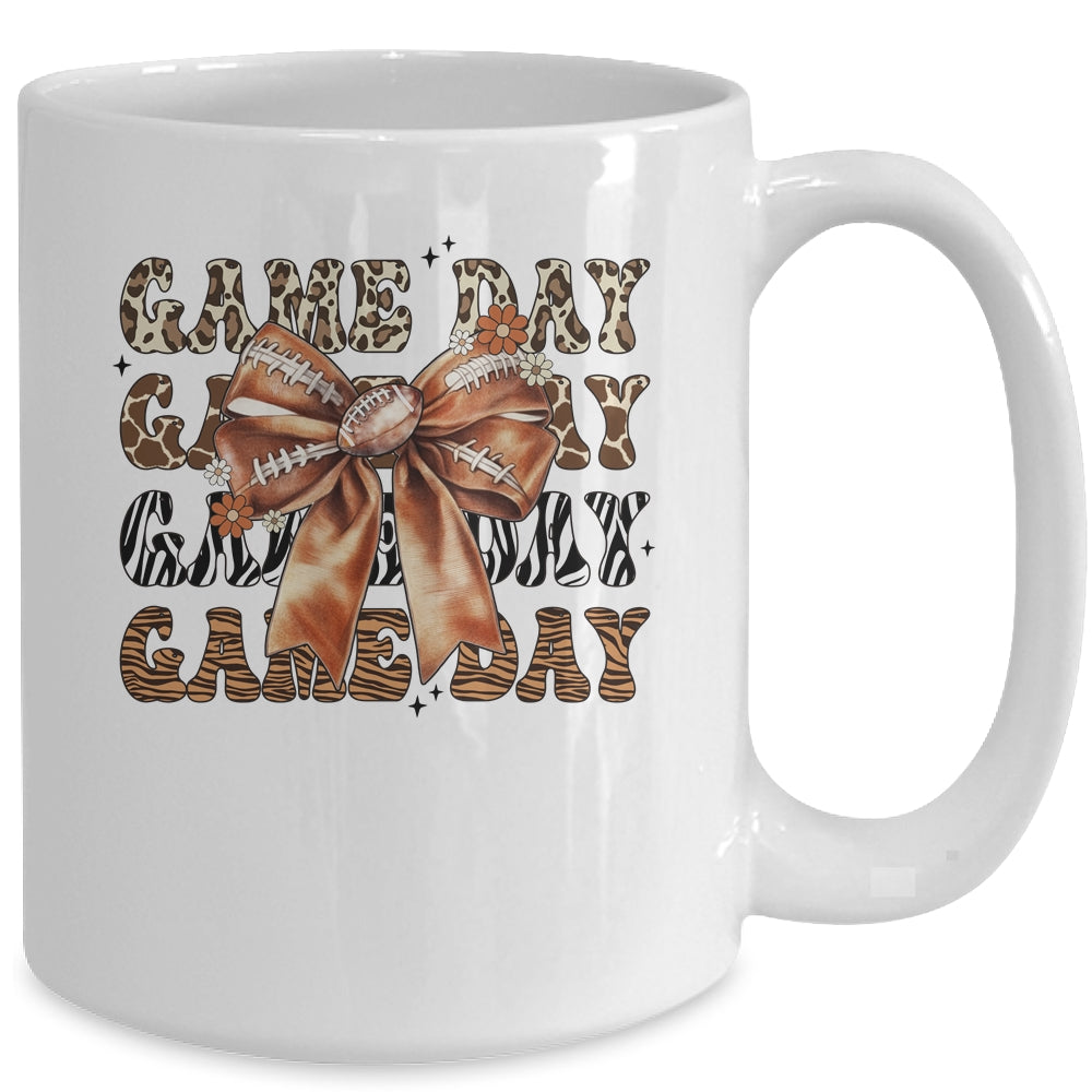 Groovy Game Day Cow Leopard Football Lovers Coquette Bow Mug | siriusteestore