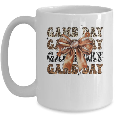 Groovy Game Day Cow Leopard Football Lovers Coquette Bow Mug | siriusteestore
