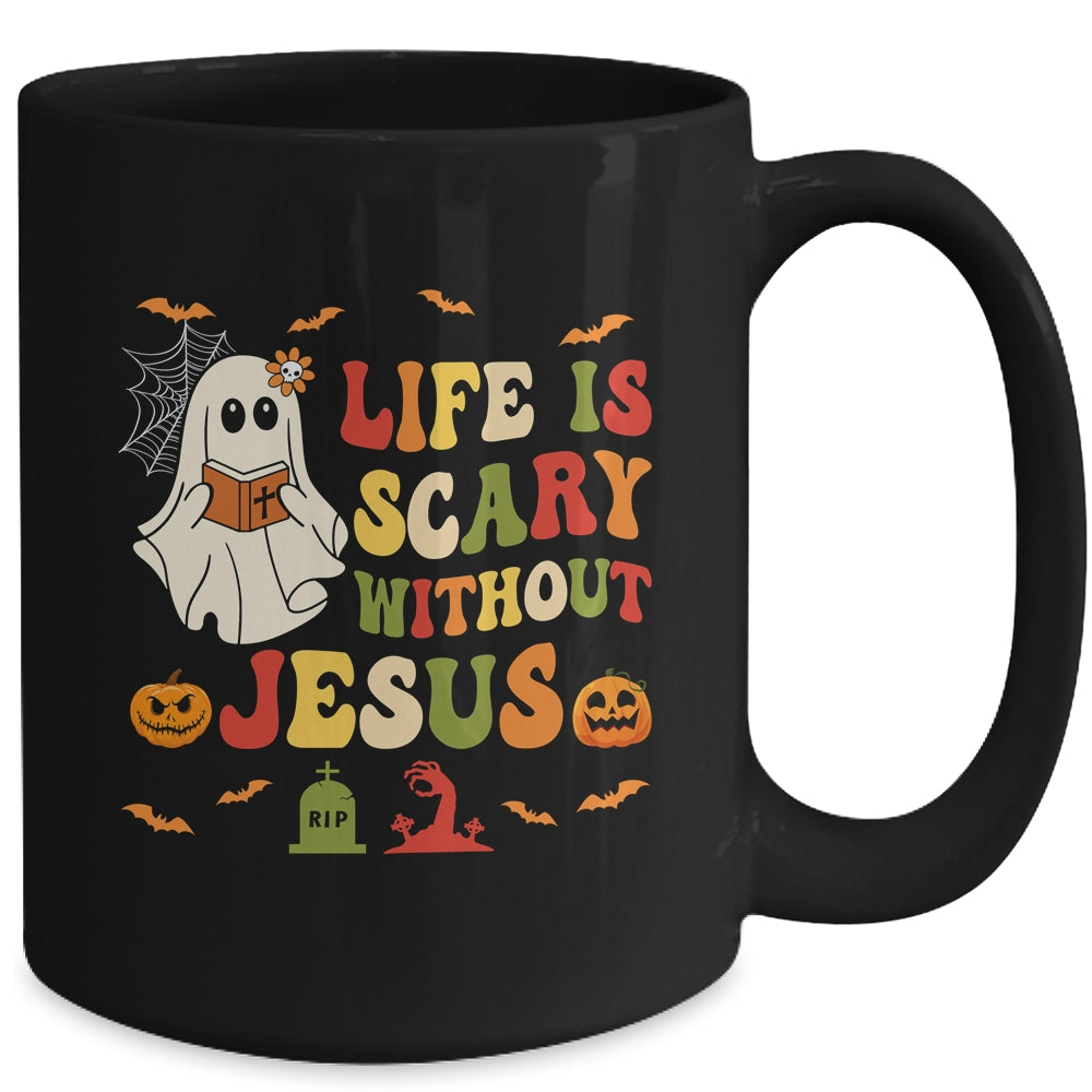 Groovy Halloween Life Is Scary Without Jesus Christian Lover Mug | siriusteestore